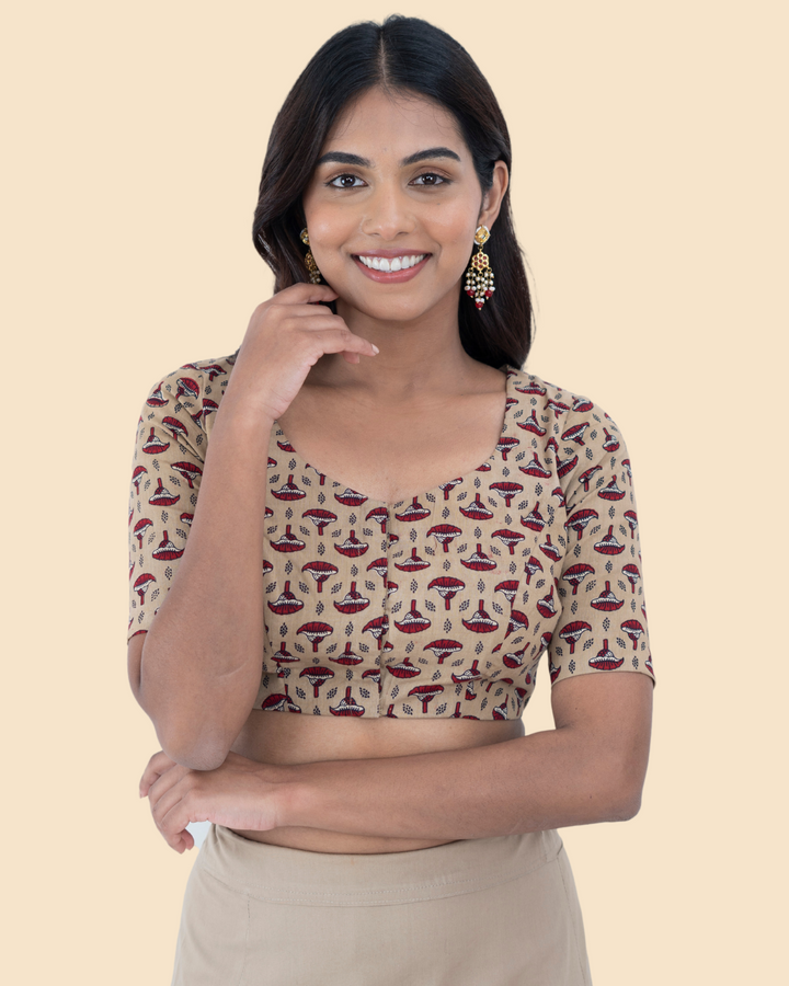 Beige Cotton Ajrak Hand Block Printed Blouse