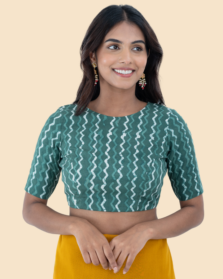 Green Cotton Dabu Hand Block Printed Blouse