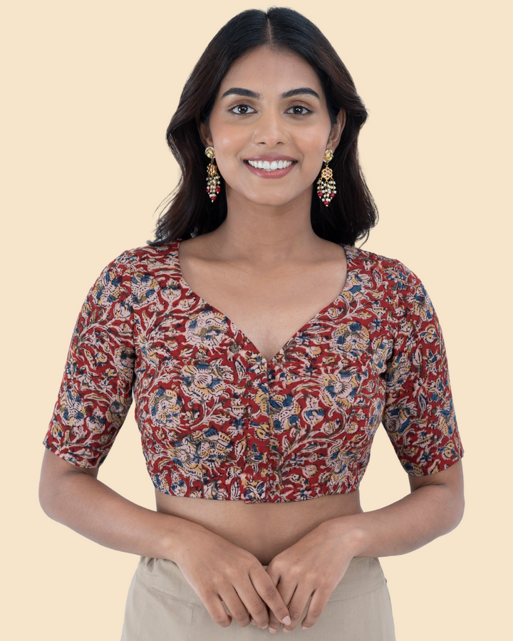Maroon Cotton Kalamkari Hand Block Printed Blouse