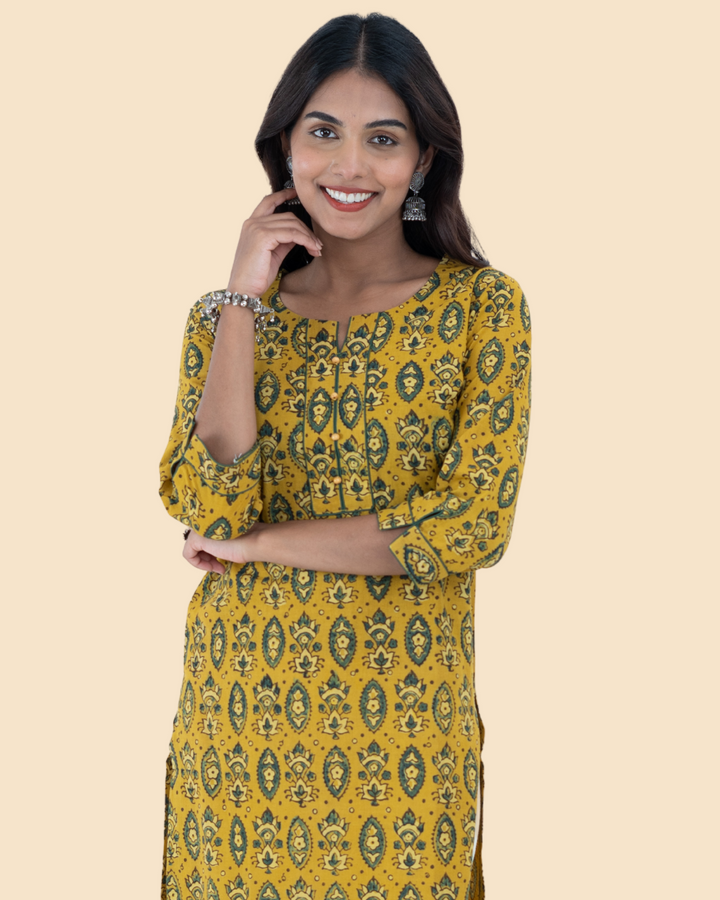Mustard Cotton Ajrak Hand Block Printed Long Kurta