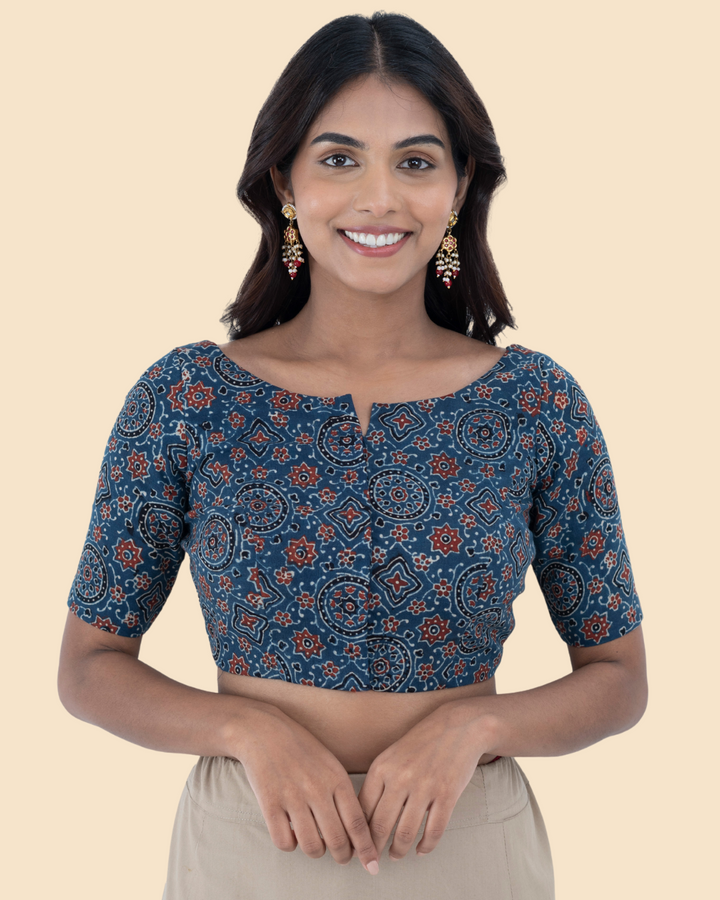 Blue Cotton Ajrak Hand Block Printed Blouse