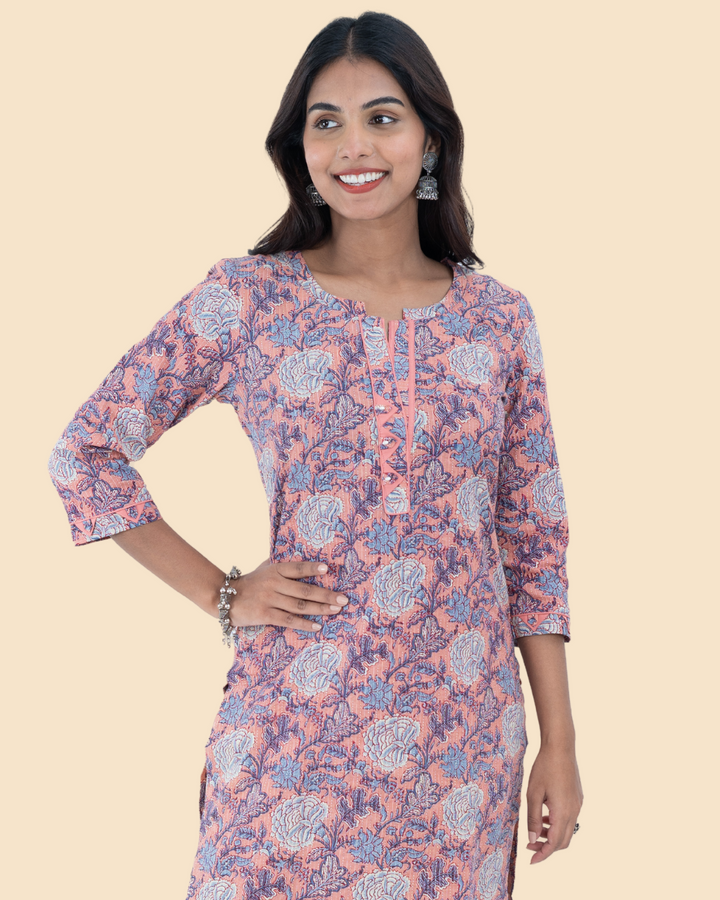 Pink Cotton Kantha Hand Block Printed Long Kurta