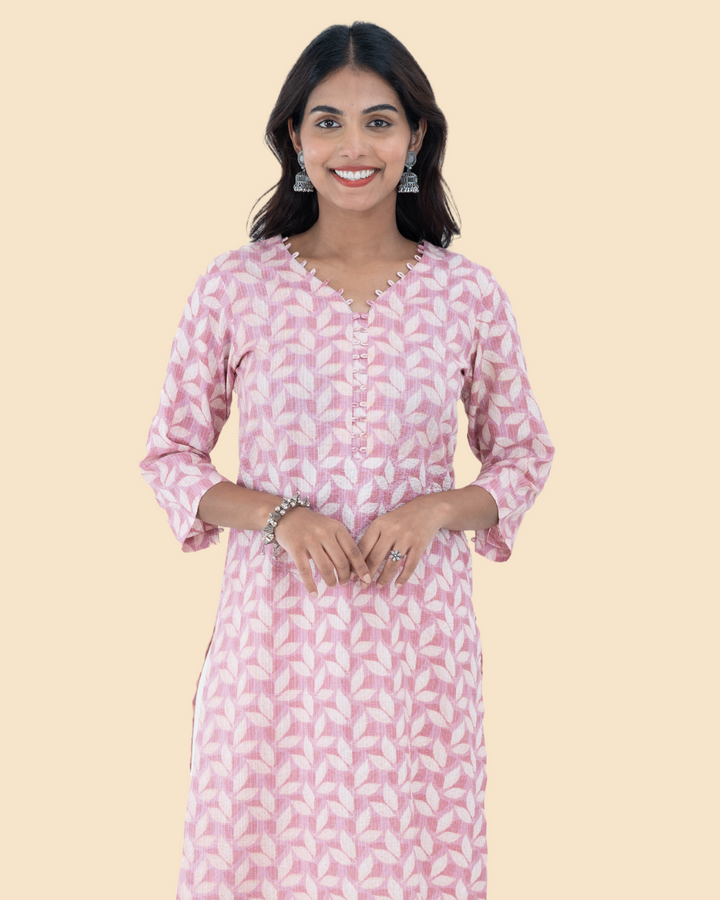 Pink Cotton Kantha Hand Block Printed Long Kurta