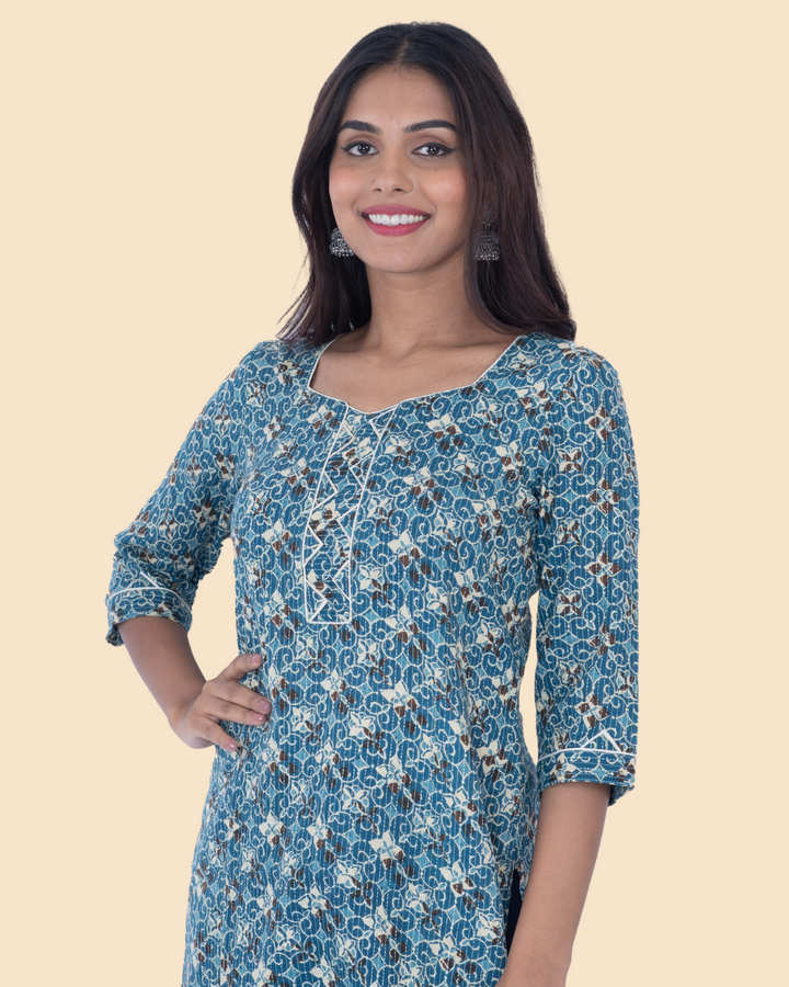 Blue Cotton Kantha Block Printed Long Kurta