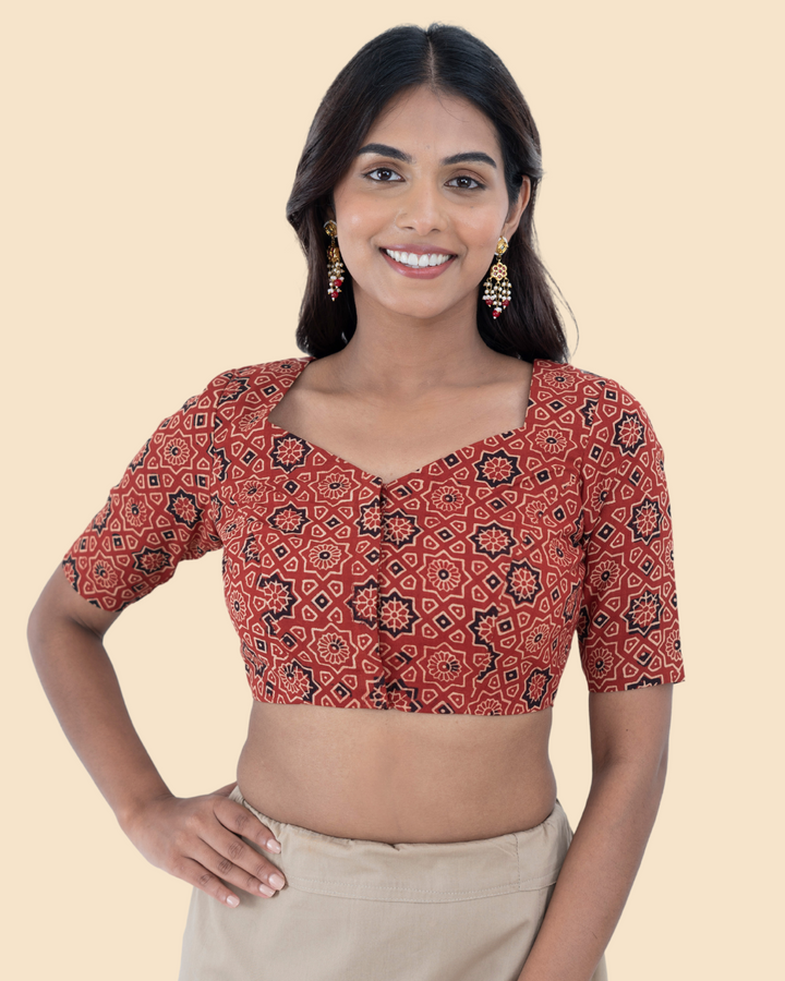 Maroon Cotton Ajrak Hand Block Printed Blouse