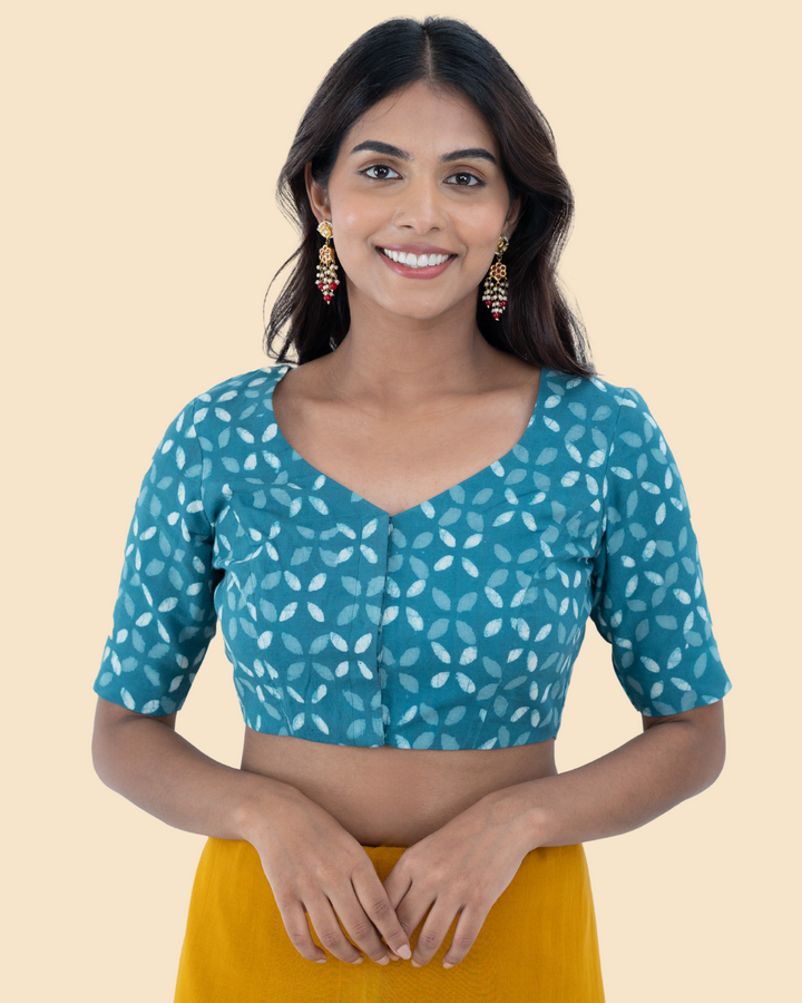 Blue Cotton Dabu Hand Block Printed Blouse