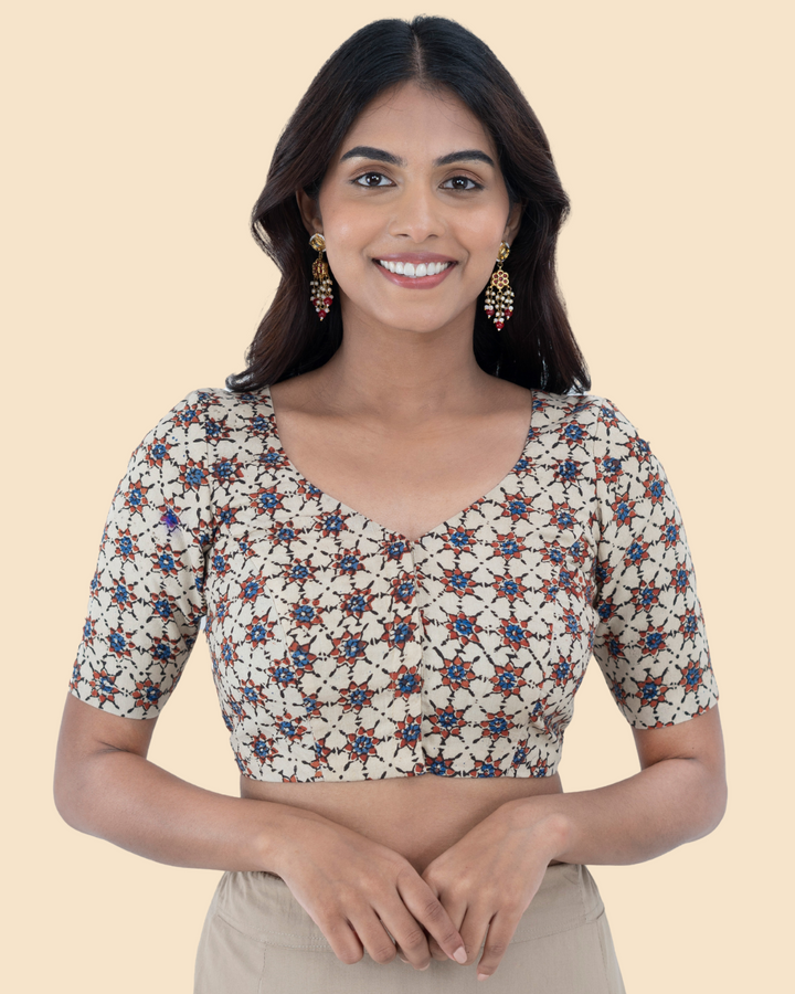 Beige Cotton Ajrak Hand Block Printed Blouse