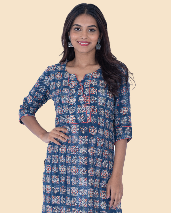 Blue Cotton Kantha Block Printed Long Kurta