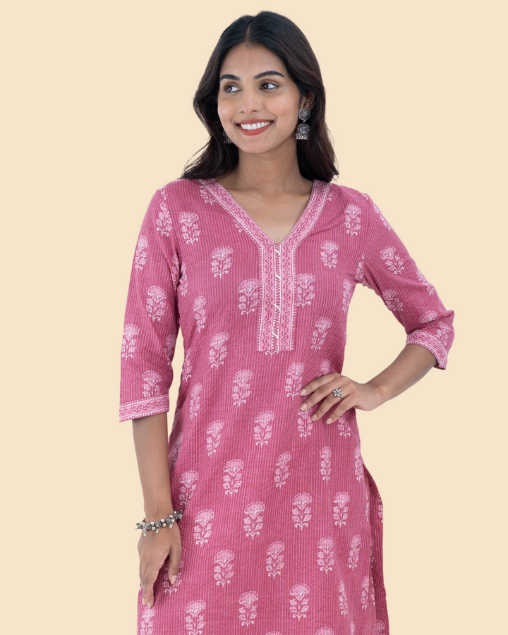 Pink Cotton Kantha Hand Block Printed Long Kurta