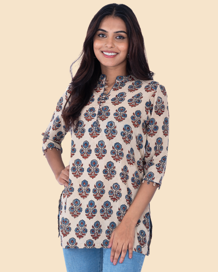 Beige Cotton Ajrakh Hand Block Printed Short Kurta