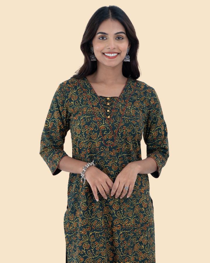 Green Cotton Ajrak Hand Block Printed Long Kurta