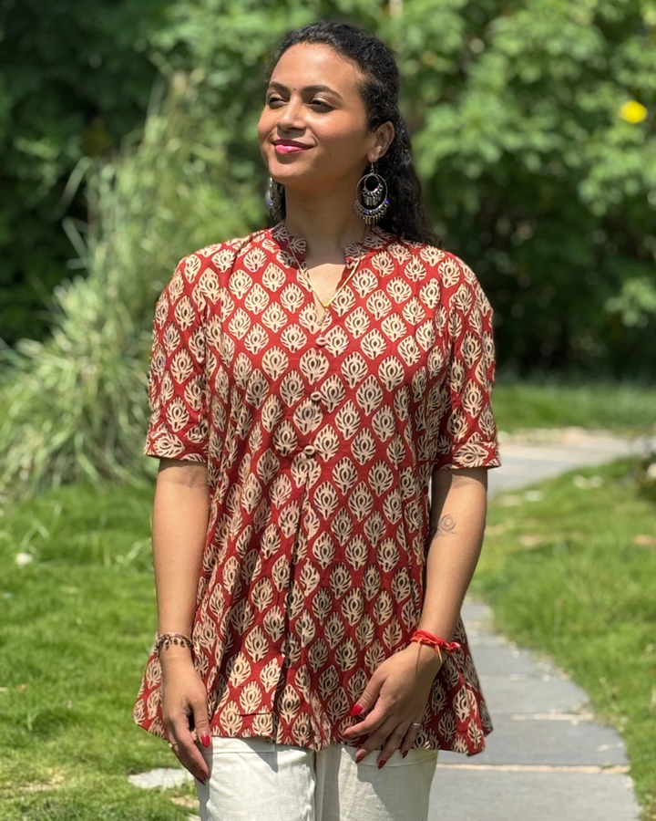 Maroon Ajrak Cotton Hand Block Printed Short Kurta