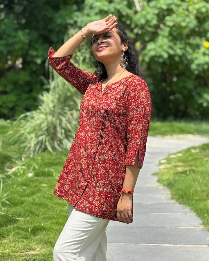 Maroon Ajrak Cotton Hand Block Printed Short Kurta