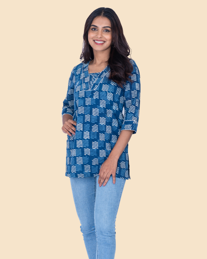 Indigo Cotton Hand Block Printed Short Kurta